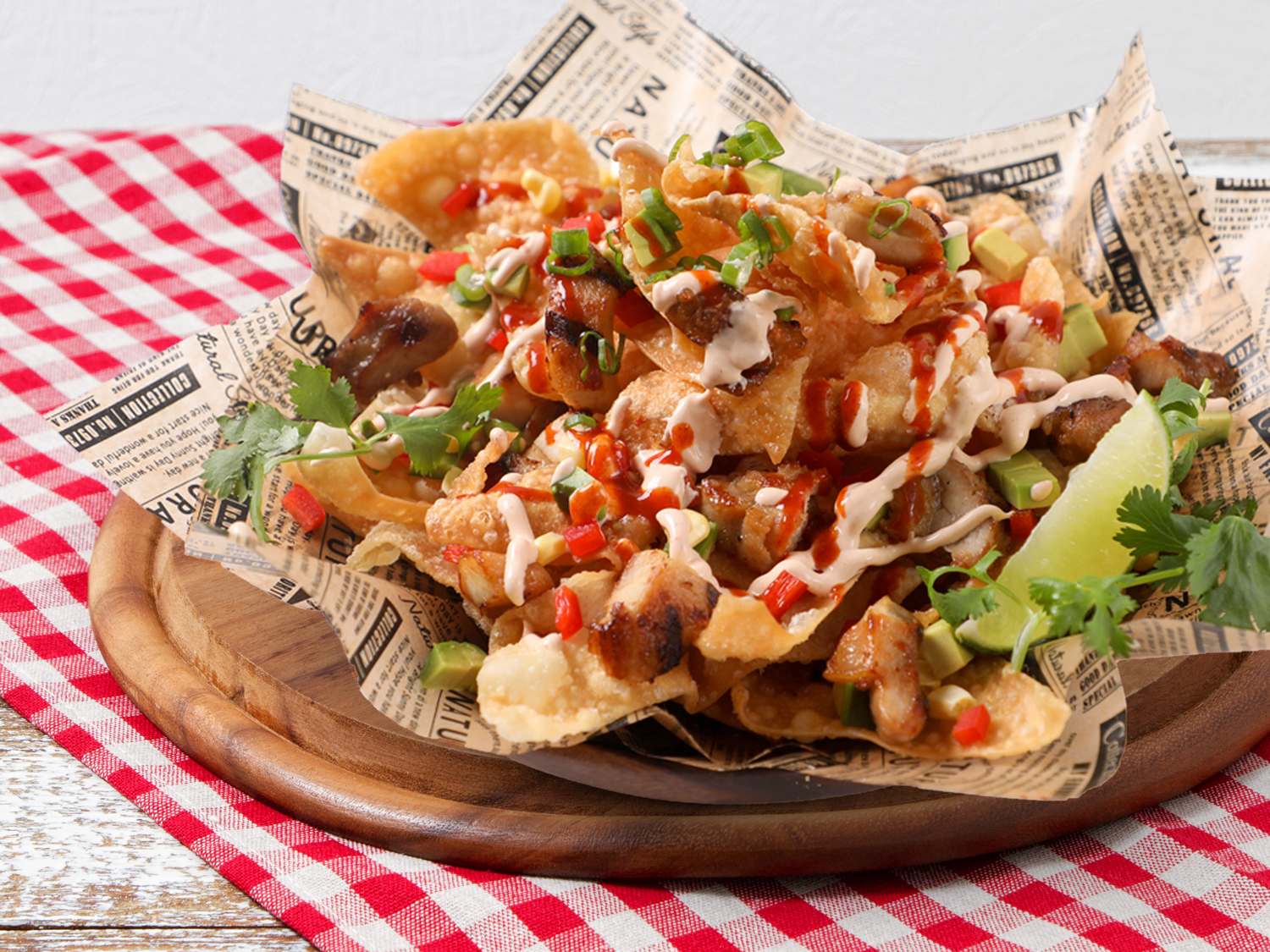 Wonton Nachos with Asian BBQ Chicken and Gochujang Hot Sauce